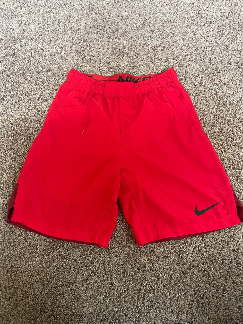 Nike Men's S. Dri-Fit Bright Red Athletic Shorts with Black Swoosh